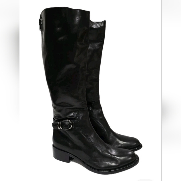 Via Spiga Shoes - Via Spiga BLACK LEATHER Boot Charcoal Harness Knee High Zipper Riding 7.5 M New